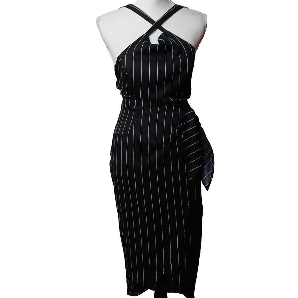 Lush Black White Pinstripe Open Back Criss Cross Shoulder Cutout Party Dress Med - Picture 9 of 13